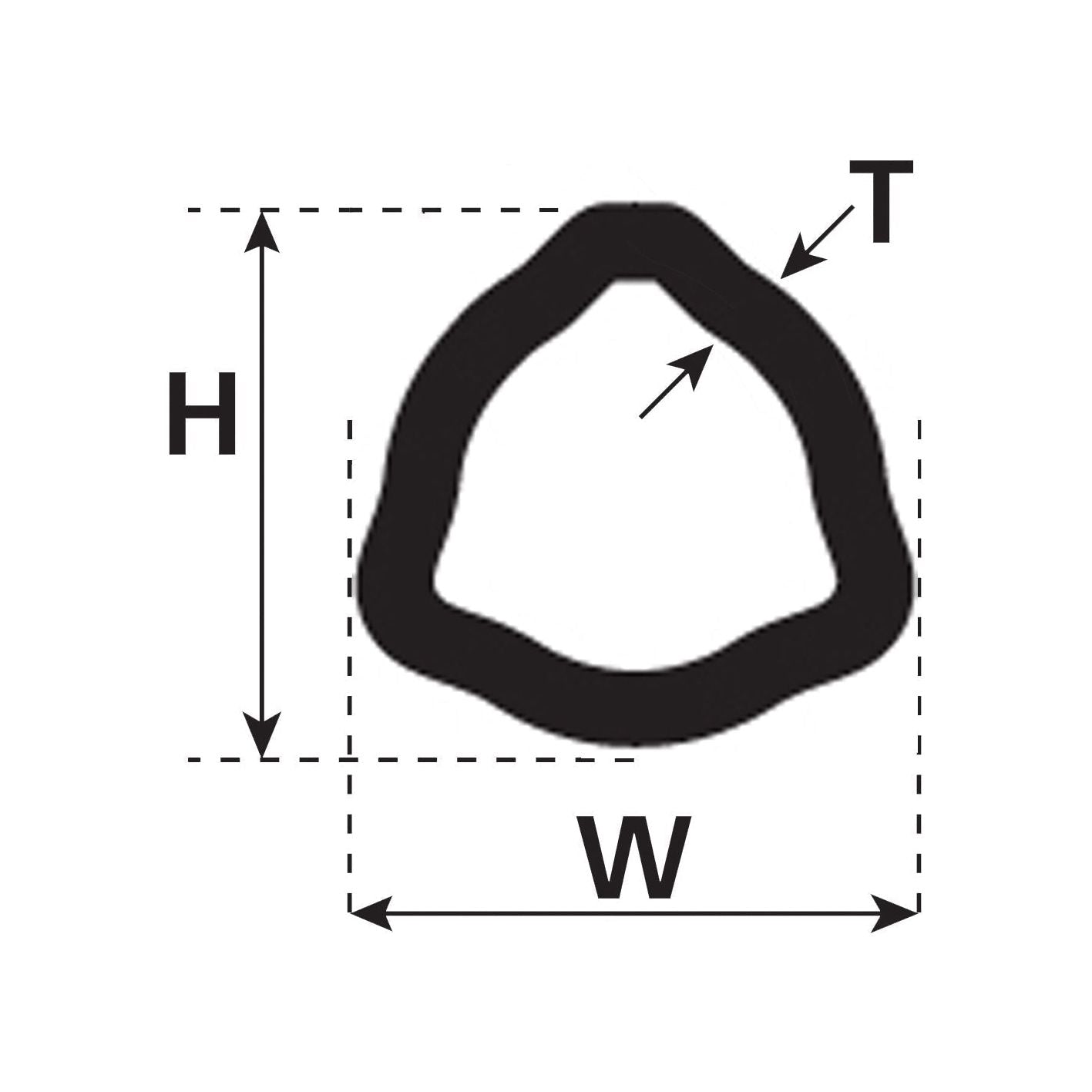 Diagram of a wavy washer with labeled dimensions: height (H), width (W), and thickness (T). This component, similar to those found in Sparex kits, may fit perfectly within the Sparex PTO Tube - Triangle Profile, Length: 1M (12508) | Sparex Part No.S.24814, for various applications.