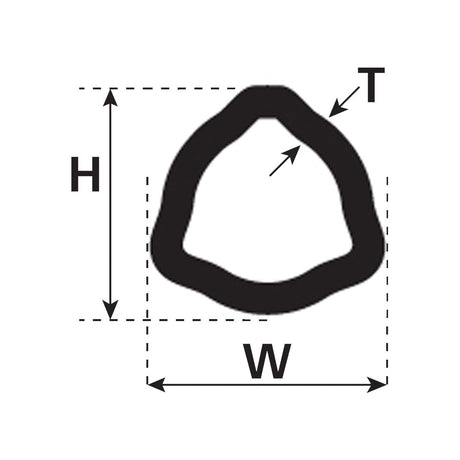PTO Tube - Triangle Profile from Sparex (S.7547) - Length: 3M, with measurements labeled for height (H), width (W), and thickness (T). This precision-crafted piece ensures durability and accuracy, reminiscent of a black triangular ring.
