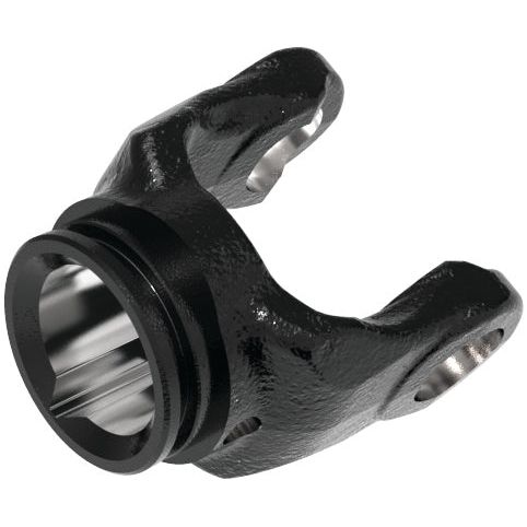 The Sparex PTO Tube Yoke (U/J Size: 23.8 x 61.2mm), with a lemon profile and dimensions of 40 x 34.5 x 4mm, features a black finish, a cylindrical cavity, and two protruding arms with holes, making it ideal for PTO Series applications such as the Walterscheid AW20/W2200.