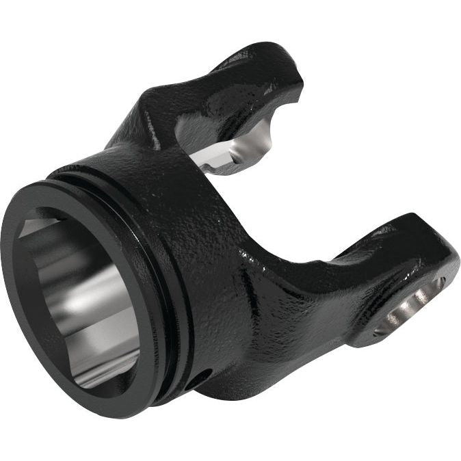 The Sparex PTO Tube Yoke (Sparex Part No. S.7545) is a black metal component with a triangular profile and dimensions of 63 x 63 x 4mm. It features a cylindrical hollow end and two fork-like extensions, making it suitable for mechanical and automotive applications. This yoke is compatible with Universal Joint Dimensions of Series AB9/A9 (41 x 108mm).