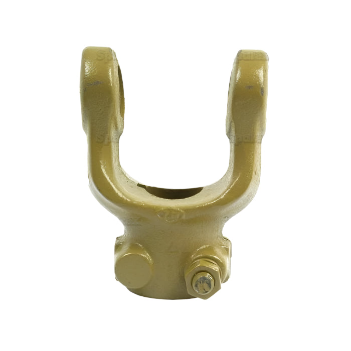 The PTO Yoke - Interfering Clamp Bolt by Sparex (Sparex Part No. S.6114) in yellow metal, commonly used in machinery, is compatible with the PTO Series and features a threaded bolt on its base. It has U/J dimensions of 30.2 x 92mm, a bore diameter of 35mm, and a key size of 10mm.