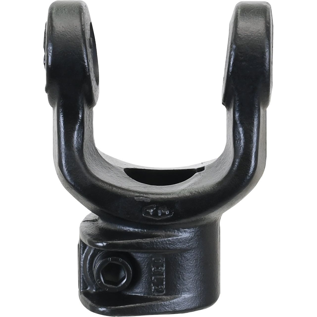 The Sparex PTO Yoke - Interfering Clamp Bolt (U/J Size: 30.2 x 92mm) Bore Ø35mm, Key Size: 10mm features a black metal construction with a glossy finish and comprises two parallel arms with circular ends, as well as a cylindrical base with a screw hole for secure attachment. This Bondioli & Pavesi component is ideal for those in the PTO series seeking durable and reliable parts. It can be identified by its Sparex Part No.S.6114.