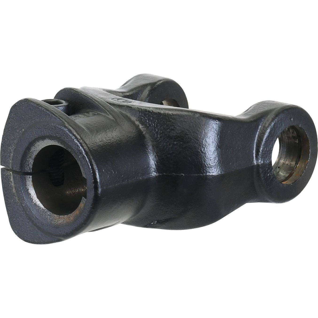 A black metal PTO yoke with cylindrical openings at both ends, similar to a component in the Sparex PTO Series S.6114, used in automotive engine valve mechanisms.