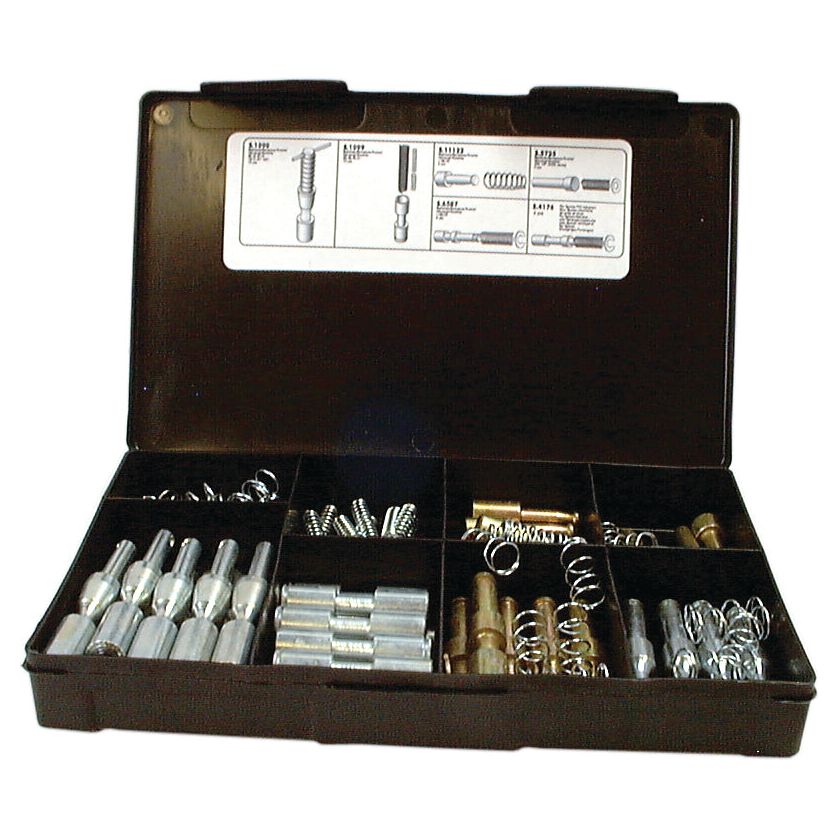 The Sparex PTO Yoke Pin Kit (Handipak 38 pcs.), Part No. S.6530, comes in a black plastic case containing various metal bolts, springs, and connectors organized in separate compartments. Instructions are displayed on the inside lid. This kit is perfect for keeping your components tidy and accessible.