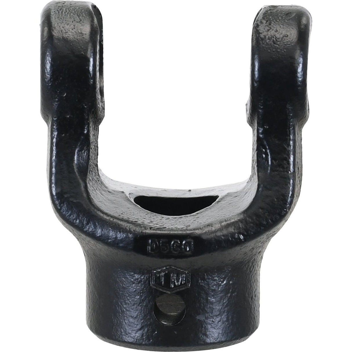 The Sparex PTO Yoke - Pinhole Yoke (U/J Size: 27 x 74.5mm) Bore Ø30mm, Pin Ø10mm features a black cast iron construction with a U-shaped design, compatible with the Sparex German Series. (Part No. S.6514)