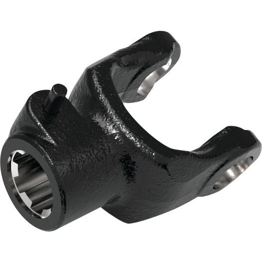 The Sparex PTO Yoke - Quick Release (U/J Size: 41 x 108mm), featuring a polished black finish, includes a cylindrical opening with internal grooves and two pronged ends with holes for attachment, and is compatible with PTO Series AB9/A9. This product has a size of 1 3/4''-6 Spline and bears the Sparex Part No.S.7542.