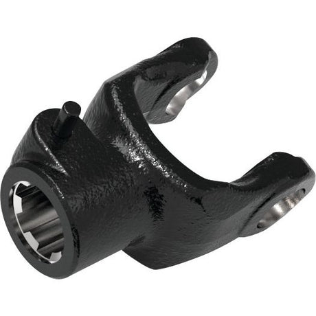 Close-up of the Sparex PTO Yoke - Quick Release (U/J Size: 41 x 108mm), featuring a splined hole for fitting onto a 1 3/8''-6 shaft and two arms with machined ends. The surface is coated in a dark finish, ensuring durability and compatibility with Weasler Italian Universal Joint Dimensions. Sparex Part No.S.7540.