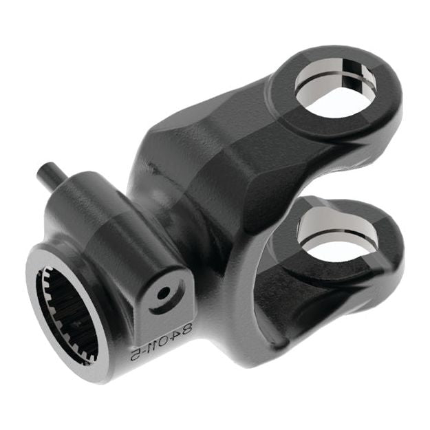 A black metallic PTO Yoke - Quick Release by Sparex (U/J Size: 42 x 104mm), featuring two circular openings on one end and a smaller, gear-like universal joint opening on the other end, sized at 1 3/8''-21 spline (Sparex Part No. S.7562).