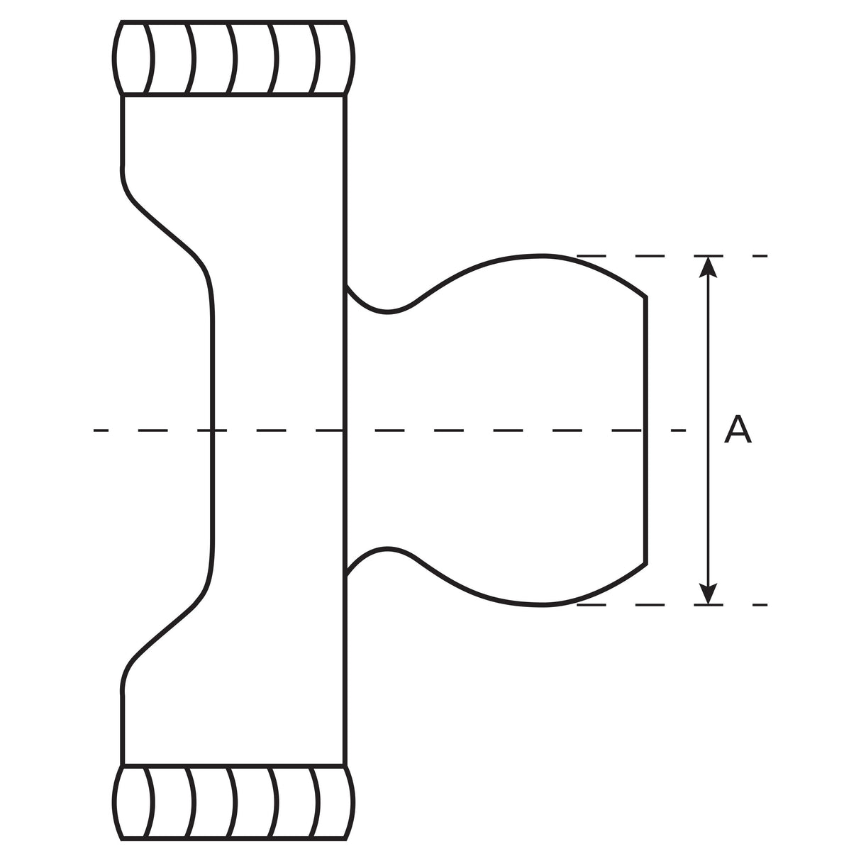 Diagram of a PTO Yoke - Quick Release Wide Angle (U/J Size: 32 x 76 & 27 x 94mm) Spline Type: 1 3/8''x 6 | Sparex Part No.S.117856. The image includes a labeled vertical dimension "A," indicating a specific measurement of the central opening. The yoke, from the Sparex brand, ensures versatile application options.