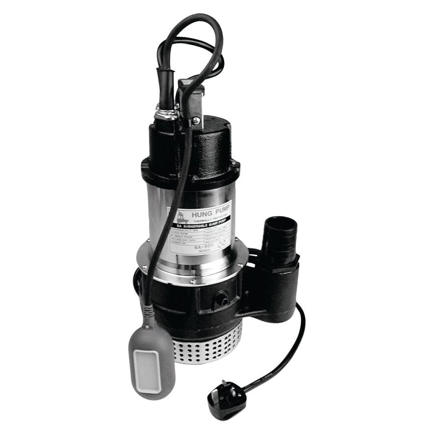 The Sparex PUMP-SUBMERSIBLE-220V-240V - S.2488 is a black and silver electric pump, featuring attached power cables and a float switch, optimized for continuous running and submersible use.