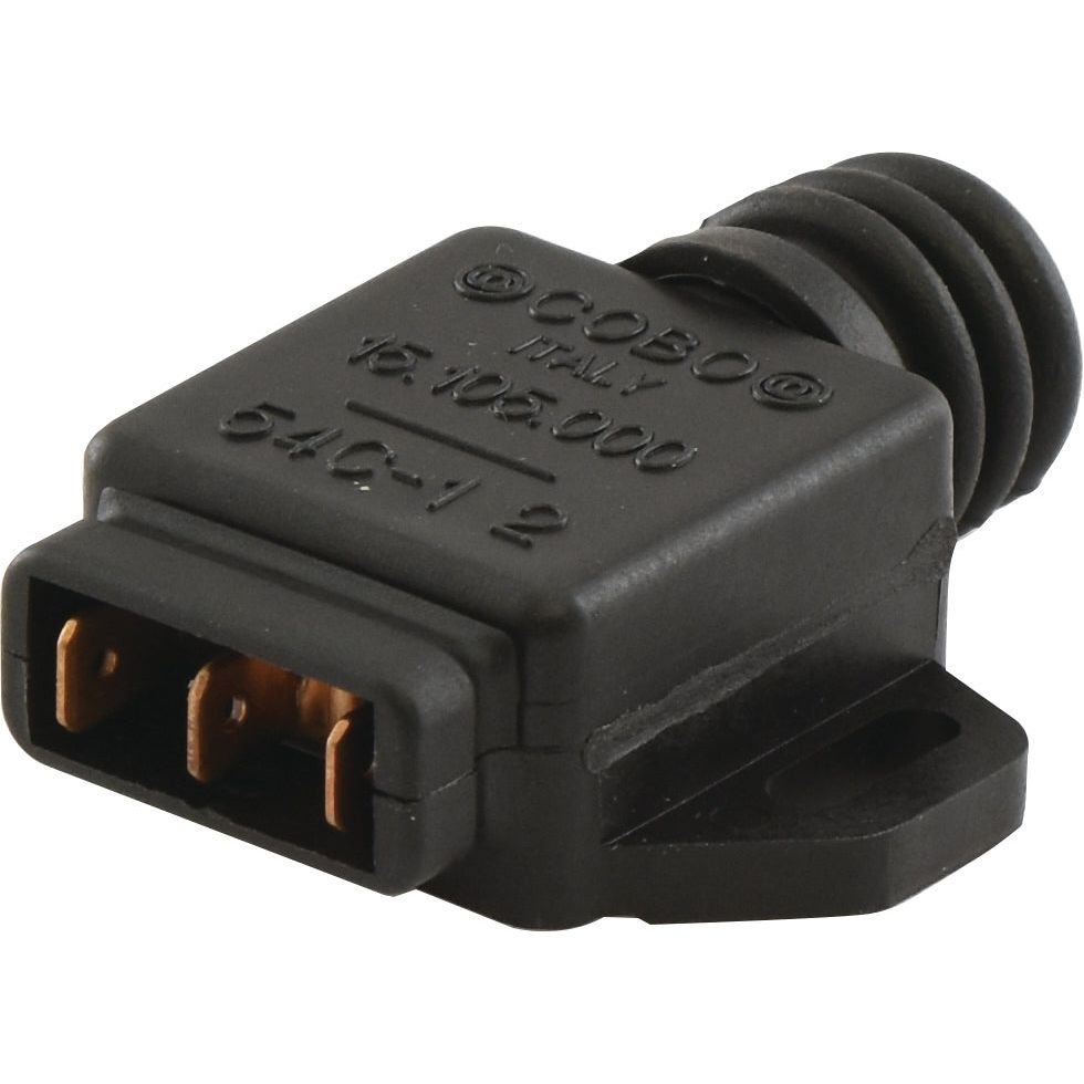 Close-up of a black plastic automotive electrical connector with three metal terminals and a flexible rubber boot. Text and numbers are engraved on its surface, compatible with Case IH models. Ideal for use as a P.T.O. Brake Light Switch or equivalent Sparex part (Sparex Part No.S.56241).