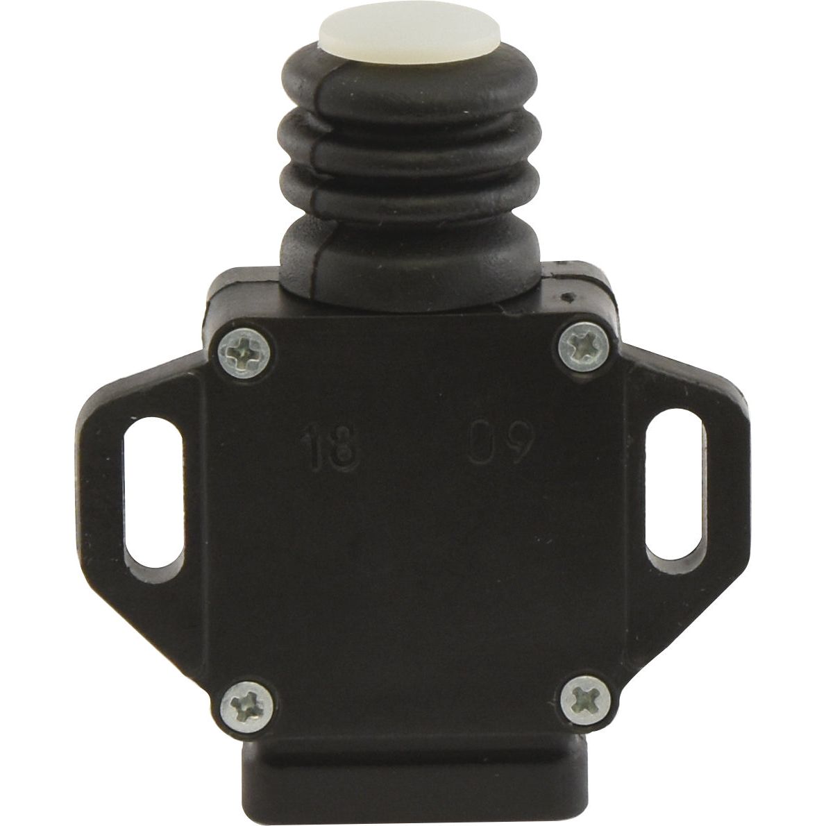 Black P.T.O. Brake Light Switch with a white button and two mounting holes, secured by four screws. Ideal for Case IH models, this Sparex Part No.S.56241 ensures reliable performance.
