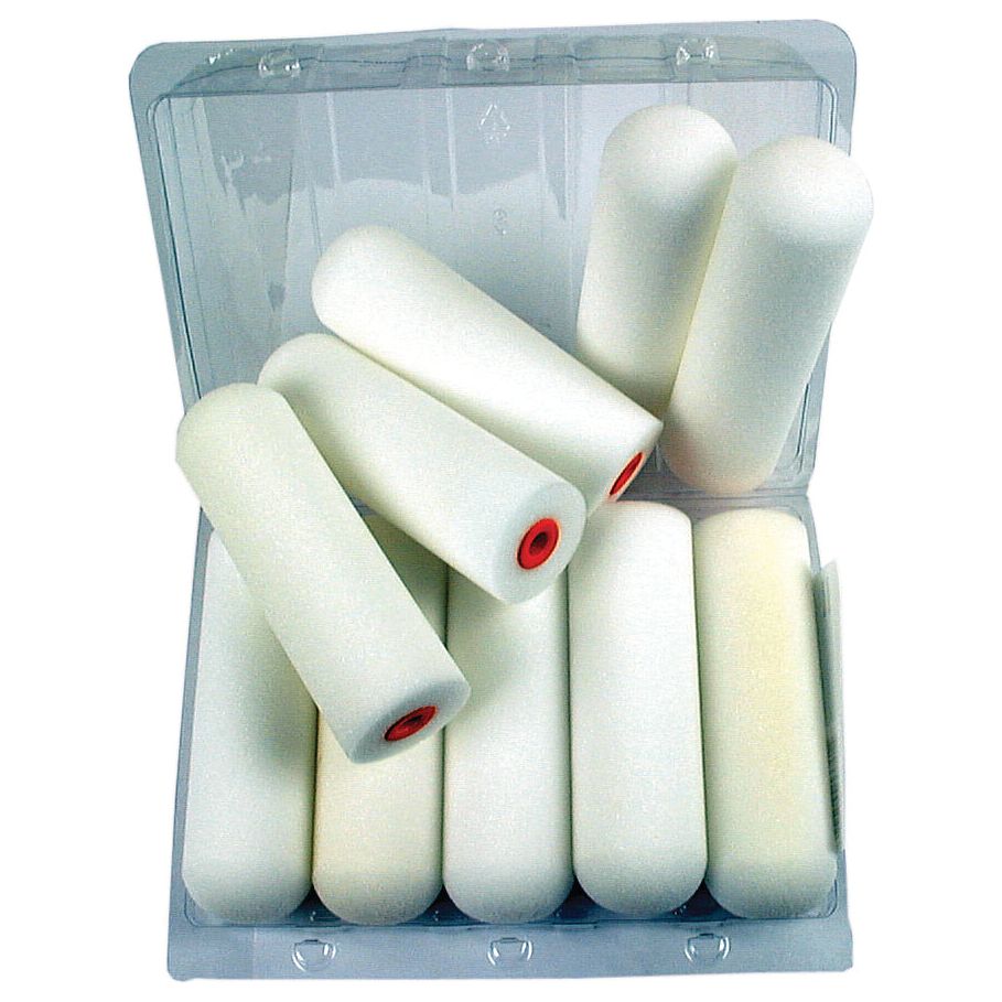 A plastic container filled with Sparex Paint Roller with Round End 100mm x 10mm covers, each measuring 100mm x 10mm, with one slot empty and a single round-end roller sitting aside from the others. The product details are Sparex Part No.S.54188 and it includes 10 pieces.
