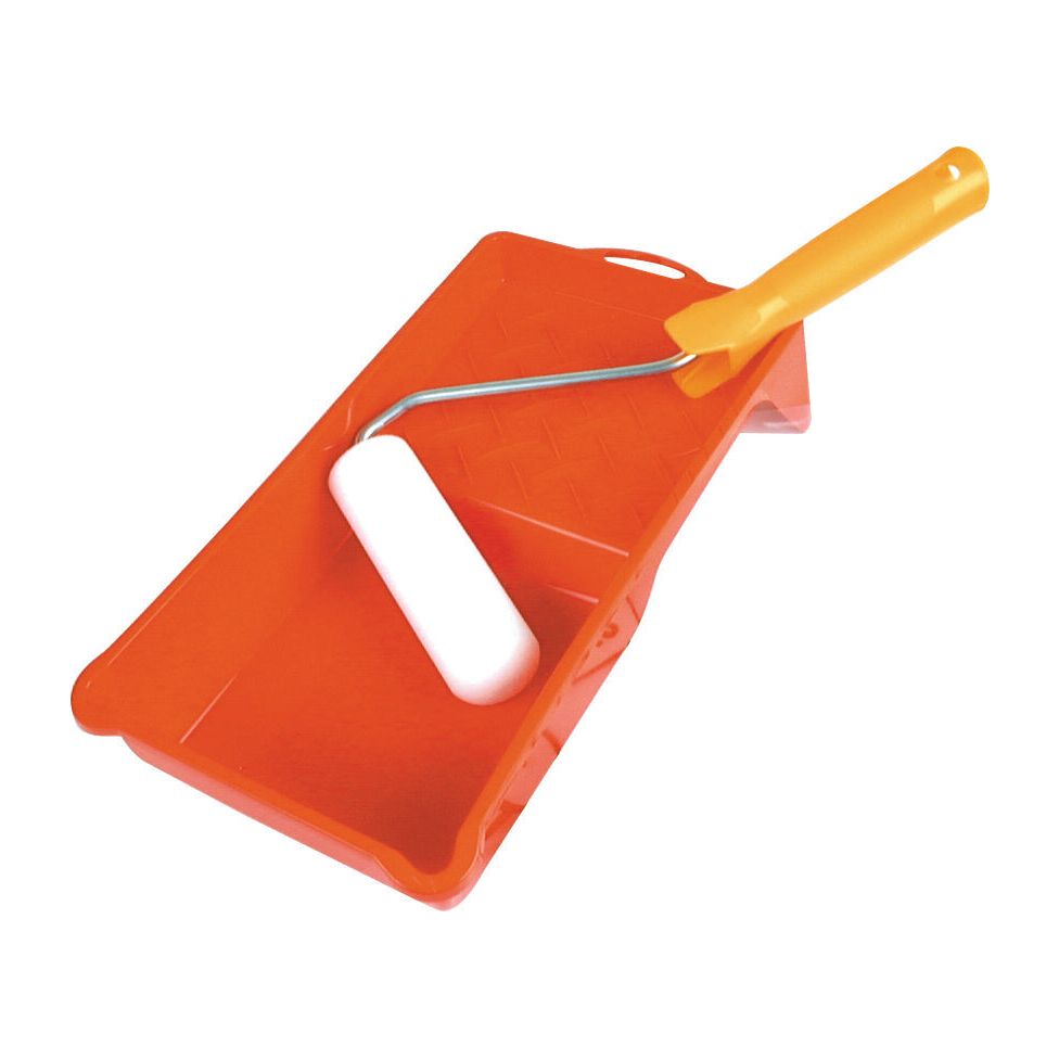 A Paint Tray supplied with a 100mm Roller, featuring a white foam covering and an orange handle, rests on an orange plastic tray. The set is from the brand Sparex and has the part number S.54186.