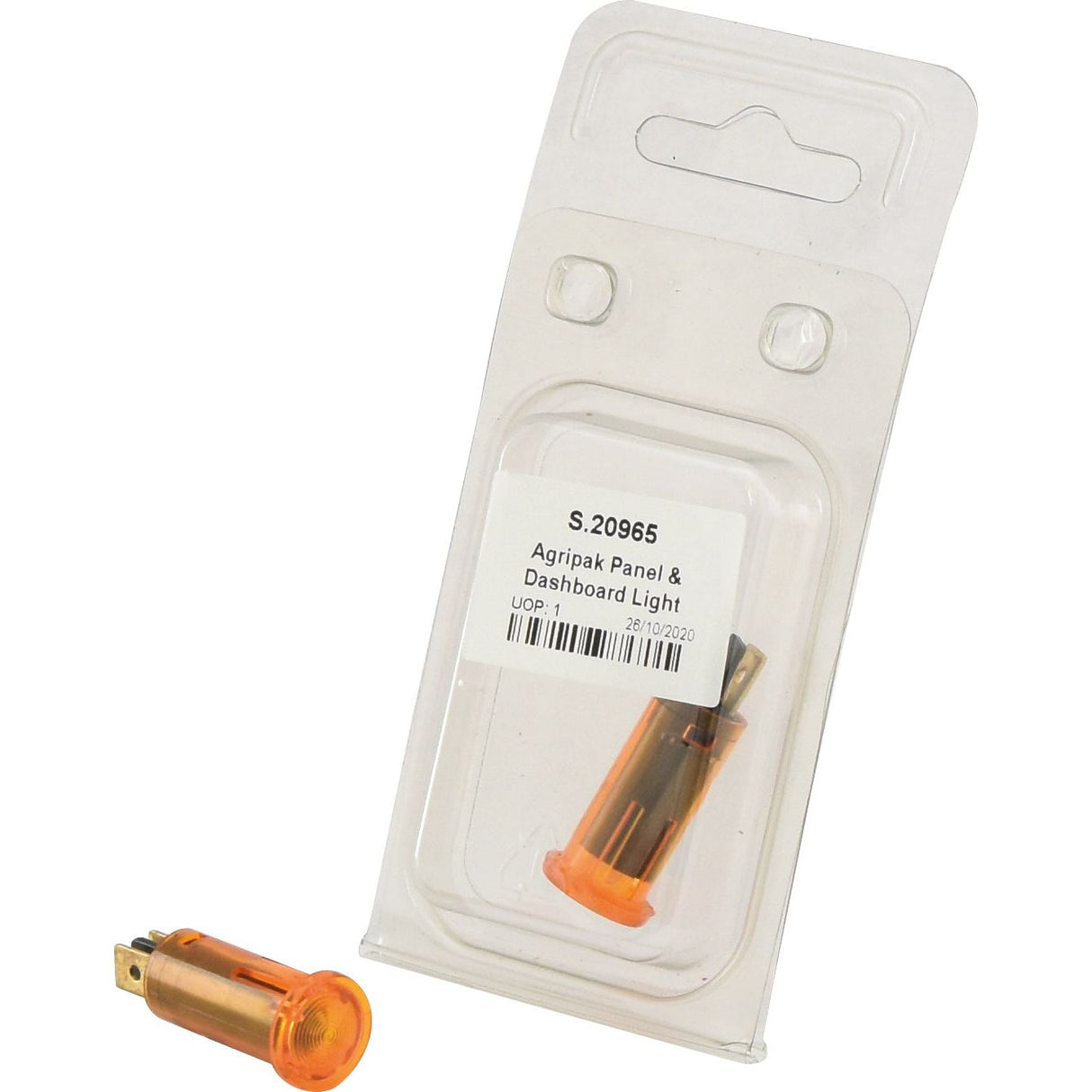 Amber dashboard light in packaging with a label reading "Panel and Dashboard Light - Amber (1pc. Agripak) - S.20965." The unpackaged Sparex Agripak light, featuring a halogen bulb and spade terminal connectors, is also shown.