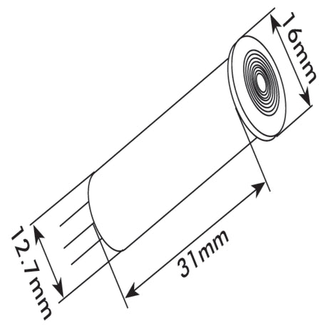 Technical drawing of the Panel and Dashboard Light - Green - S.1575 by Sparex, a cylindrical object resembling a spade terminal with dimensions labeled as 31mm in length, 16mm in diameter, and 12.7mm for another segment. Perfect for connecting 12V halogen systems.