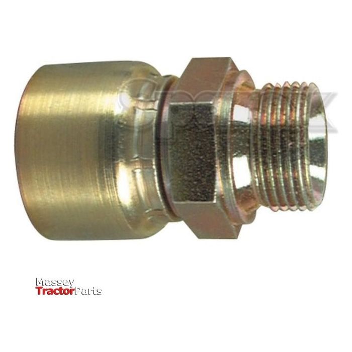 A brass-colored hydraulic adapter fitting, identified as the Parker BSP Hose Insert 3/8'' x 1/2'' x 14'' Male Straight - S.3110806 by Sparex, featuring male and female ends, is displayed on a plain white background with the Massey Tractor Parts logo visible in the corner. Suitable for various tractor models, this adapter comes with complete manufacture information.