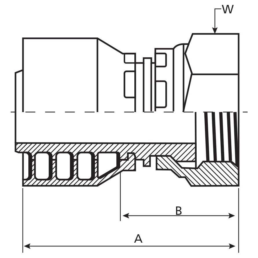 Technical drawing of the Parker BSP Hose Insert 3/8'' x 1/2'' x 14 Female Straight Swivel Flat Face - S.3160806 by Sparex, illustrating labeled dimensions A and B, along with point W. The drawing includes internal cross-section details and external features, making it suitable for providing manufacturing information.