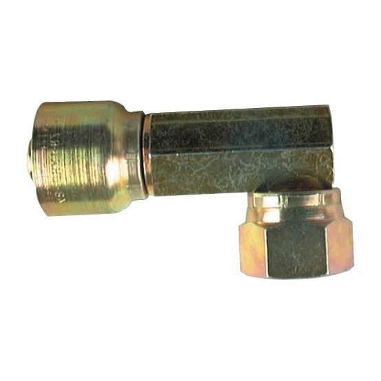 The Parker BSP Hose Insert 3/8'' x 3/8'' x 19'' Female 90° Compact Swivel - S.3170606 by Sparex is a brass pipe fitting with an elbow joint, featuring a threaded end and a hexagonal nut, isolated on a white background. It is suitable for various plumbing applications due to its robust manufacture.