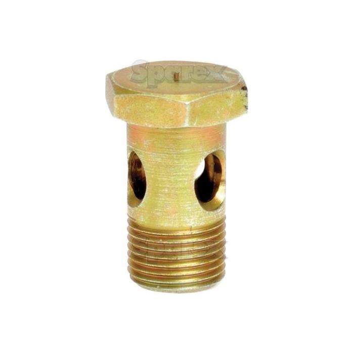 Sparex Banjo Bolt M10 x 1.00 - 19mm (Part No.S.3761019) features a brass construction with a hexagonal head and multiple holes along its cylindrical body.