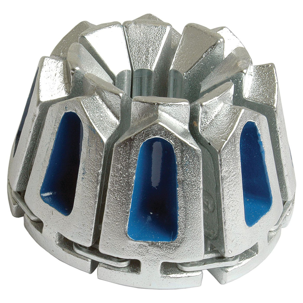 Close-up of a silver mechanical gear or turbine with blue insets, showcasing precision engineering that complements the Sparex Parker KarryKrimp Die Set 70 Series Blue (83C-D08).