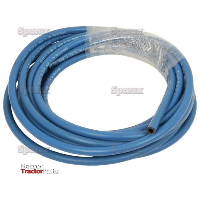 A coiled Parker Heavy Duty Pressure Washer Hose Blue 1/4'' with plastic wrapping around part of it, displayed on a white background with "Sparex" and "Massey Tractor Parts" logos. This Sparex Part No.S.56135 hose is built to handle 200 bar of pressure.