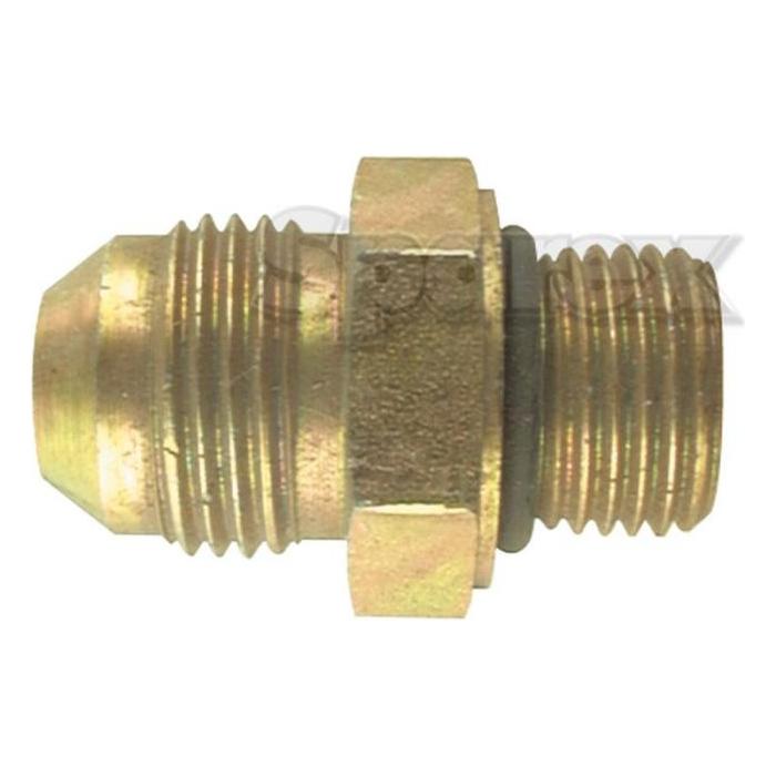 The Hydraulic Adaptor 3/4'' JIC male - male18 male (Sparex Part No. S.52152), a brass fitting from Sparex, is commonly used in plumbing or automotive applications and often serves as a hose adaptor with threaded ends featuring a JIC male fitting.