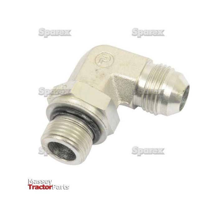A "Hydraulic Adaptor M18 male - 3/4'' JIC 90compact male" (Sparex Part No. S.43547) fitting with M18 male threaded ends is displayed against a background with a watermark featuring the text "Sparex" and "Massey Ferguson Tractor Parts" in the lower left corner.