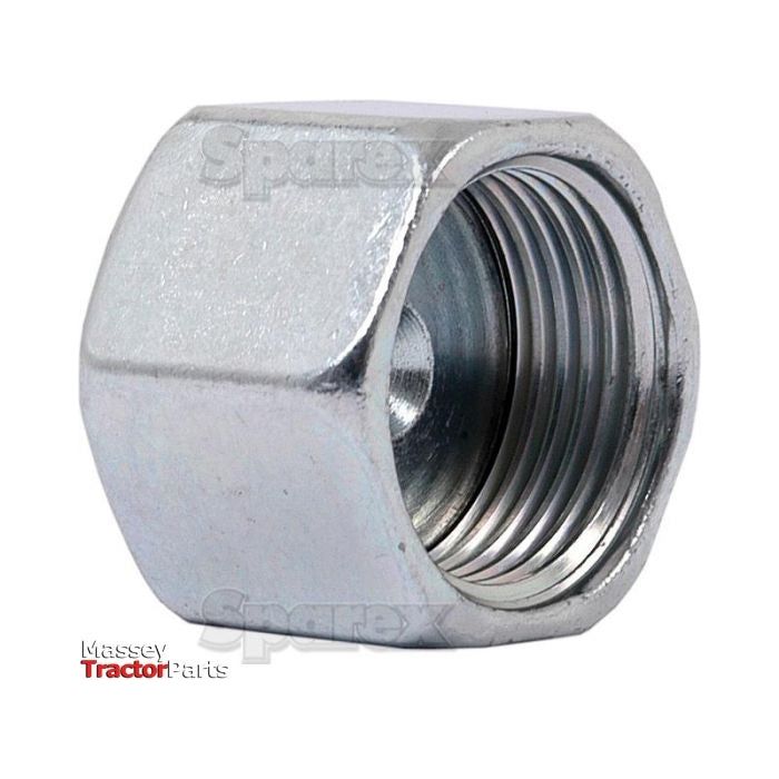 Close-up image of a metallic hexagonal Hydraulic Blanking Cap Adaptor with internal threading, branded with "Sparex" on the side. The Massey Tractor Parts logo is visible in the bottom left corner, adjacent to a 3/4'' I/D Parker Hose. The part is identified as ORFS 1.3/16''UNF | Sparex Part No.S.20861.