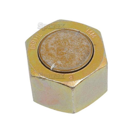 Close-up image of a Sparex Hydraulic Blanking Cap Adaptor ORFS 1.7/16''UNF, Sparex Part No.S.20862, with a flat top and threaded interior.