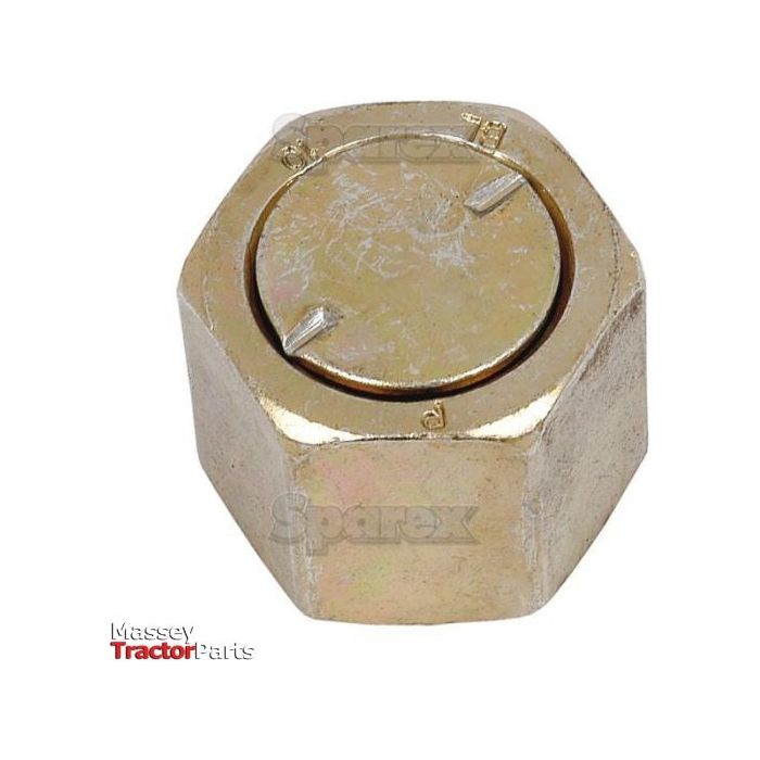 Close-up image of a Sparex Hydraulic Blanking Cap Adaptor ORFS 1''UNF with a recessed slotted screw head and visible brand markings, designed for Hose I/D 5/8".
