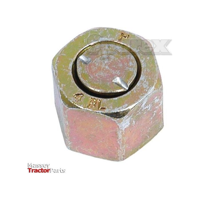 Close-up of a metal locking nut with a central cap and indented markings. The Hydraulic Blanking Cap Adaptor ORFS 9/16''UNF (Sparex Part No.S.20857) is perfectly fitted, and the Massey Tractor Parts logo is visible on the bottom left corner.