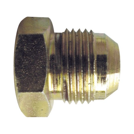 Close-up of a brass hex head plug with threaded body and flat top, typically used in plumbing or industrial applications. This Sparex Hydraulic Blanking Plug Adaptor 1.1/16'' JIC (Sparex Part No. S.51216), often found in PARKER HANNIFIN systems, serves as a secure adaptor for various installations.