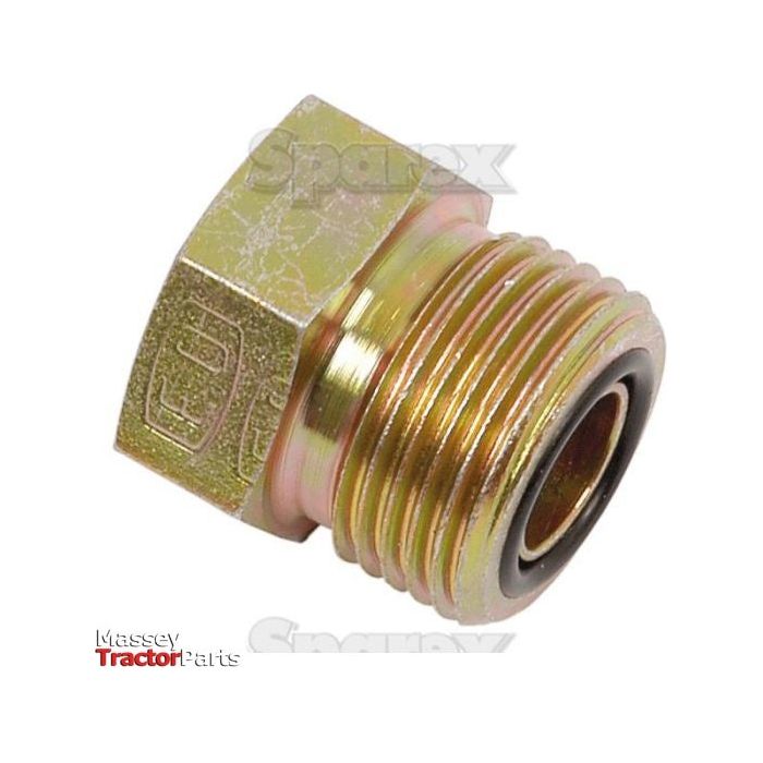 Introducing the Sparex Hydraulic ORFS Blanking Plug (Part No. S.20865), a high-quality metal hydraulic fitting with external 13/16'' UNF threading, designed with a hexagonal end and a circular O-ring for optimal sealing. Ideal for seamless integration with compatible systems, this fitting is prominently branded with "Sparex" and associated with "Massey Tractor Parts.