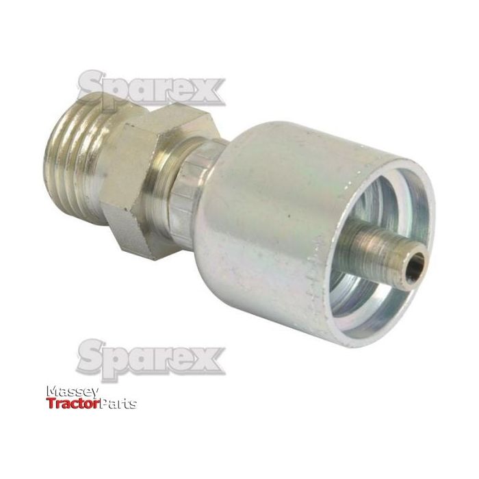 Close-up image of a Parker Metric Hose Insert 1/4'' x M18 x 1.50 Male Straight Light Series - S.3311804 with threaded ends, featuring "Sparex" and "Massey Tractor Parts" logos. Suitable for various applications, the product specifications ensure compatibility and reliability.