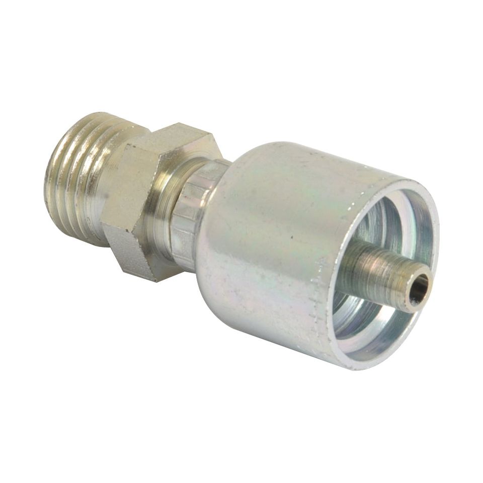 A close-up of the Parker Metric Hose Insert 1/4'' x M16 x 1.50 Male Straight Light Series - S.3311604 from Sparex, featuring male threads on one end and a crimped female connector on the other, suitable for connecting and sealing hydraulic systems.