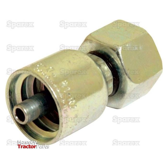 A close-up image of a Parker Metric Hose Insert 3/8'' x M18 x 1.50 Female Straight Swivel Heavy Series (S.3421806), a metallic hydraulic fitting designed for tractor parts. The background contains watermarks with the text "Sparex." The bottom left corner features the logo "Massey Tractor Parts." Suitable for various applications, this fitting meets rigorous product specifications.