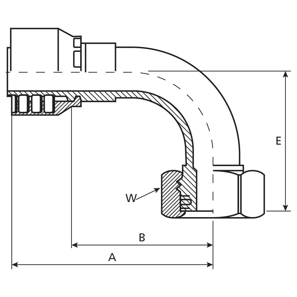 Technical drawing of a Parker Metric Hose Insert 5/8'' x M30 x 2.00 (20S) Female 90° Swept Swivel from the Heavy Series by Sparex, with dimensions labeled as A, B, E, and W, and a cross-sectional view highlighting internal structure details.