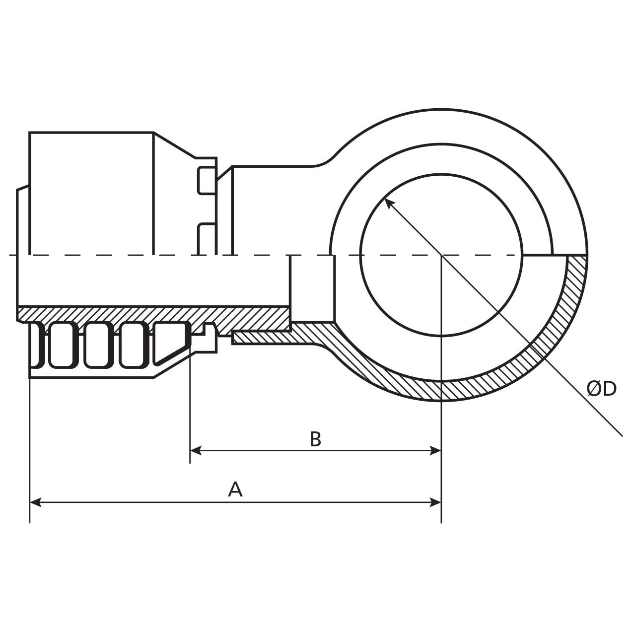 A technical drawing illustrating a Parker BSP Banjo Hose Insert 1/4'' x 14mm - S.3751404 from Sparex with dimensions labeled A, B, and ØD, including a cross-sectional view detailing its internal structure.