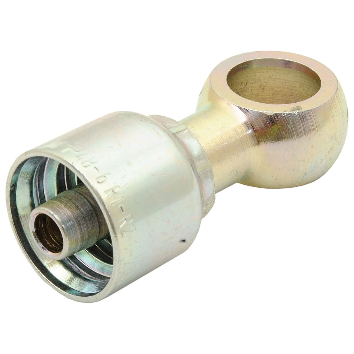 Close-up of a Sparex Parker BSP Banjo Hose Insert 3/8'' x 17mm - S.3751706, highlighting its ball and socket design, threading, and cylindrical connector.