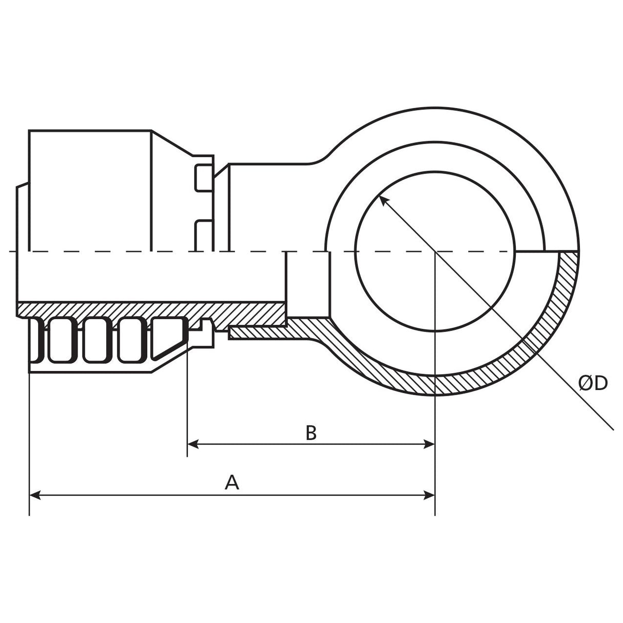 Technical drawing of a Parker BSP Banjo Hose Insert 5/16'' x 14mm - S.3751405 by Sparex, showcasing a circular section on the right with labelled dimensions A, B, and ØD. The left side includes a detailed cross-sectional view.
