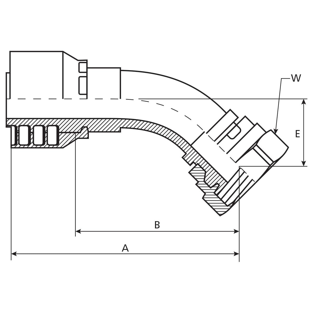 Technical drawing of the Parker BSP Hose Insert 1/4'' x 3/8'' x 19'' Female 135° Swept Swivel - S.3140604 by Sparex, showing detailed dimensions labeled as A, B, E, and W. The illustration includes cross-sectional views and specific product specifications.
