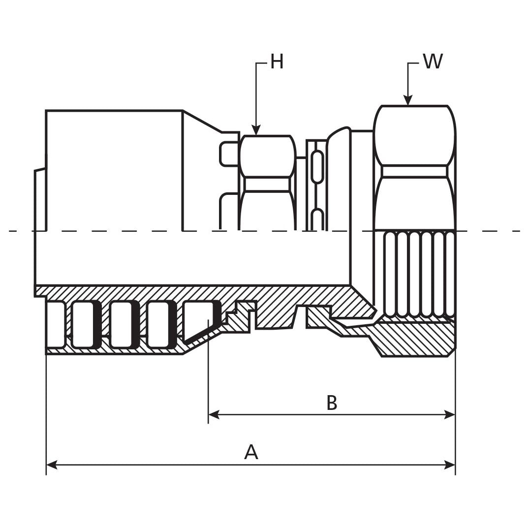 Technical diagram of a mechanical component featuring labeled measurements A, B, H, and W with sectioned views for internal details. The diagram also includes a Sparex Parker JIC Hose Insert 3/4'' x 1 5/16'' x 12'' Female Straight Swivel - S.7222112 for precise connections.