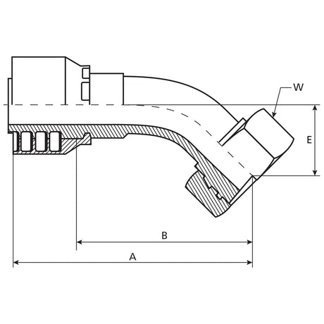 Technical drawing of a mechanical part with labeled dimensions: W, E, B, and A. The part features a protruding section and an angled element. Highlighting the 1 Piece Fitting design of the Parker Metric Hose Insert 3/4'' x M30 x 2.00 Female 135° Swept Swivel Light Series - S.7343012 from Sparex, the illustration ensures precision in every detail.