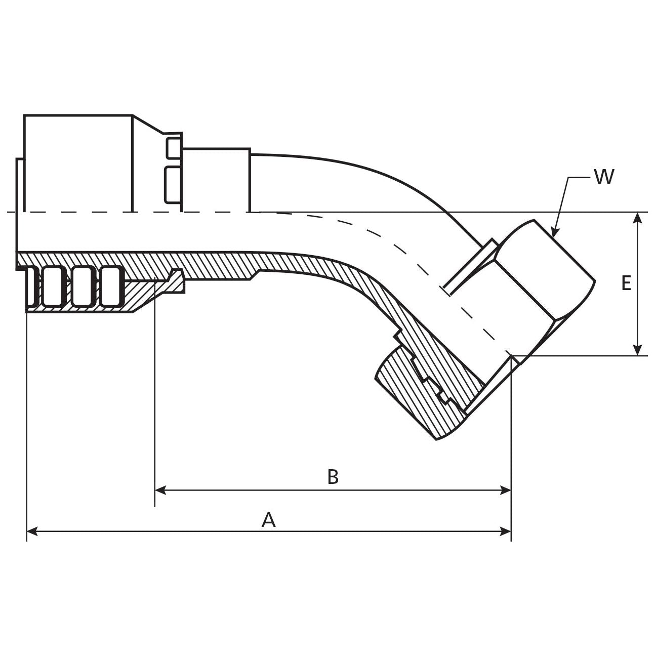 Technical drawing of a Sparex Parker Metric Hose Insert 5/8'' x M26 x 1.50 Female 135° Swept Swivel Light Series (S.7342610) angled connector fitting with dimensions labeled A, B, E, and W. The drawing includes sectional details showing internal features.