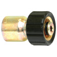 Close-up of a Sparex Parker Metric (Karcher) 1/4'' x M22 x 1.50 Female Straight Swivel (S.3772204) with a black plastic handwheel, ideal for connecting propane tanks to appliances requiring a different metric fitting.