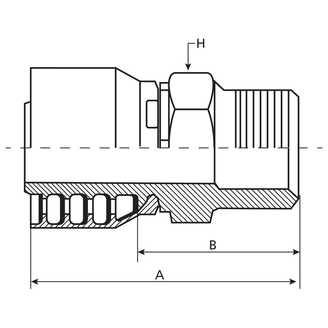 Technical drawing of a mechanical component with a sectional view indicating dimensions labeled A, B, and H. The drawing features detailed line work representing the interior and exterior design, incorporating specifications from Sparex's Parker NPTF Hose Insert 5/16'' x 3/8'' x 18 Male Straight Pipe - S.3510605 for precision.