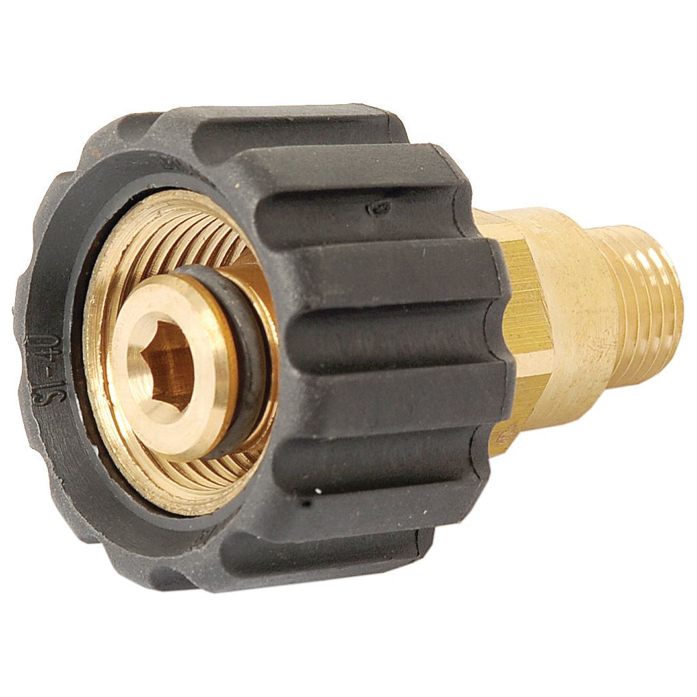 Close-up of the Sparex Pressure Washer Adaptor M22 knurled thumb nut x 1/4''BSP male (Sparex Part No. S.56428), featuring a brass body with a black, ribbed plastic handle. The adaptor has a threaded end for attachment, making it compatible with Karcher pressure washers.