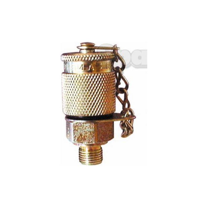 The Service Junior Adaptor Pressure Connector Nipple 1/8'' BSP by Sparex (Part No. S.53337) is a brass air vent with a threaded bottom connection and an attached chain on the cap, designed for compatibility with Parker fittings.