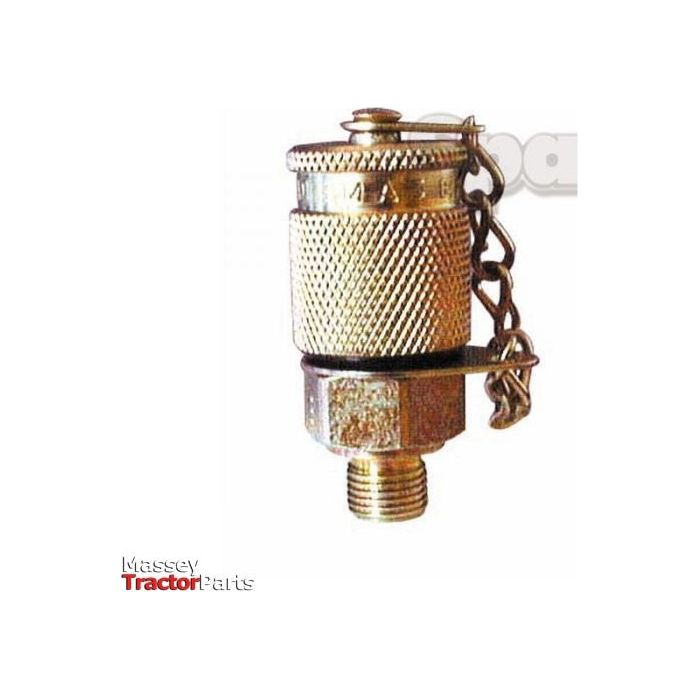 A brass safety valve featuring a knurled body and a threaded male connector, identified as the Service Junior Adaptor Pressure Connector Nipple M16 x 1.50 | Sparex Part No.S.53477. It has a small chain attached to the middle section, with "Massey Tractor Parts" text visible at the bottom left corner.